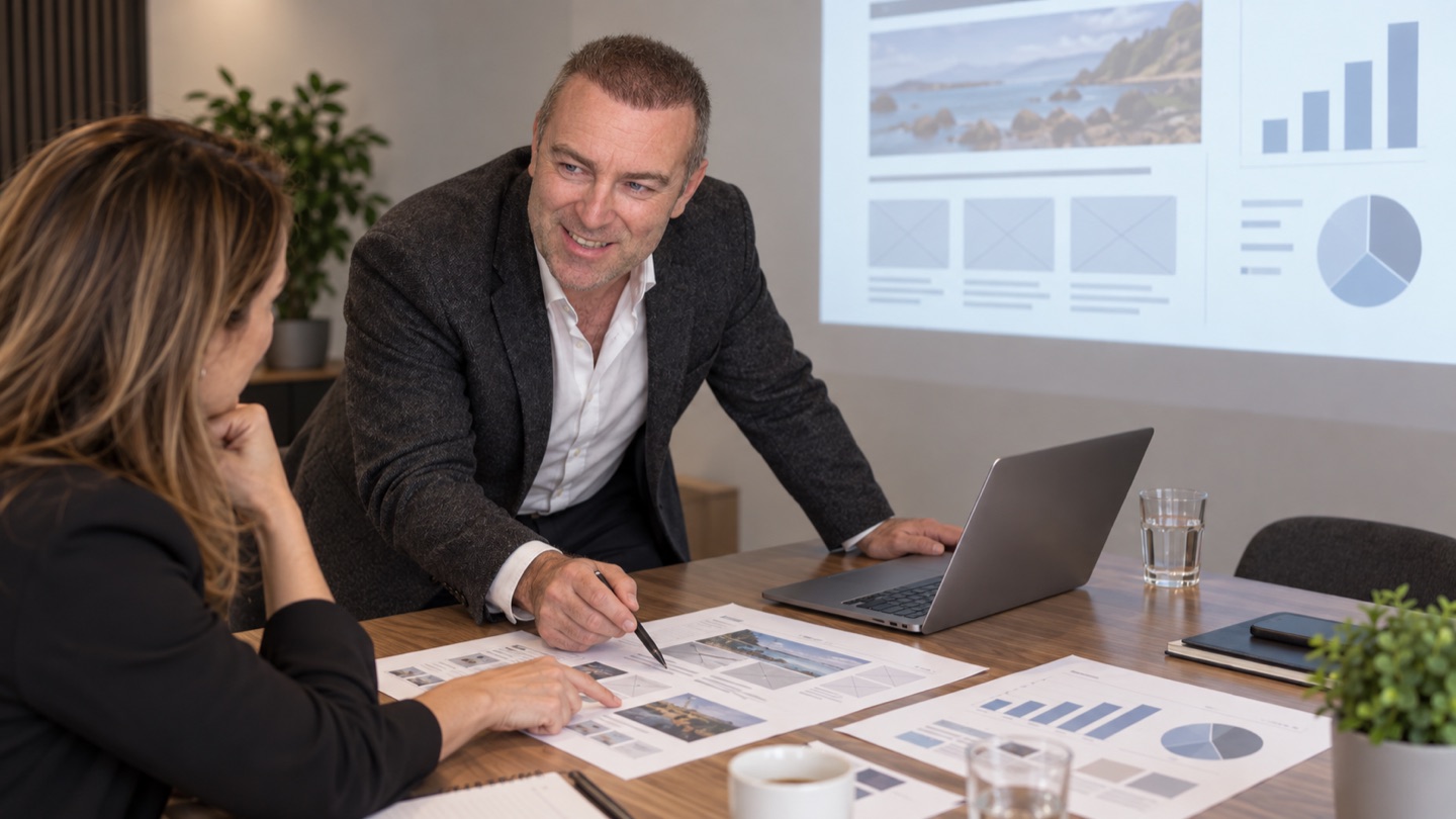 Raymond diskuterer nettside og strategi i et kundemøte